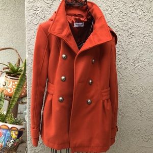 Celebrity Pink Orange Hooded Short Pea Coat SZ S